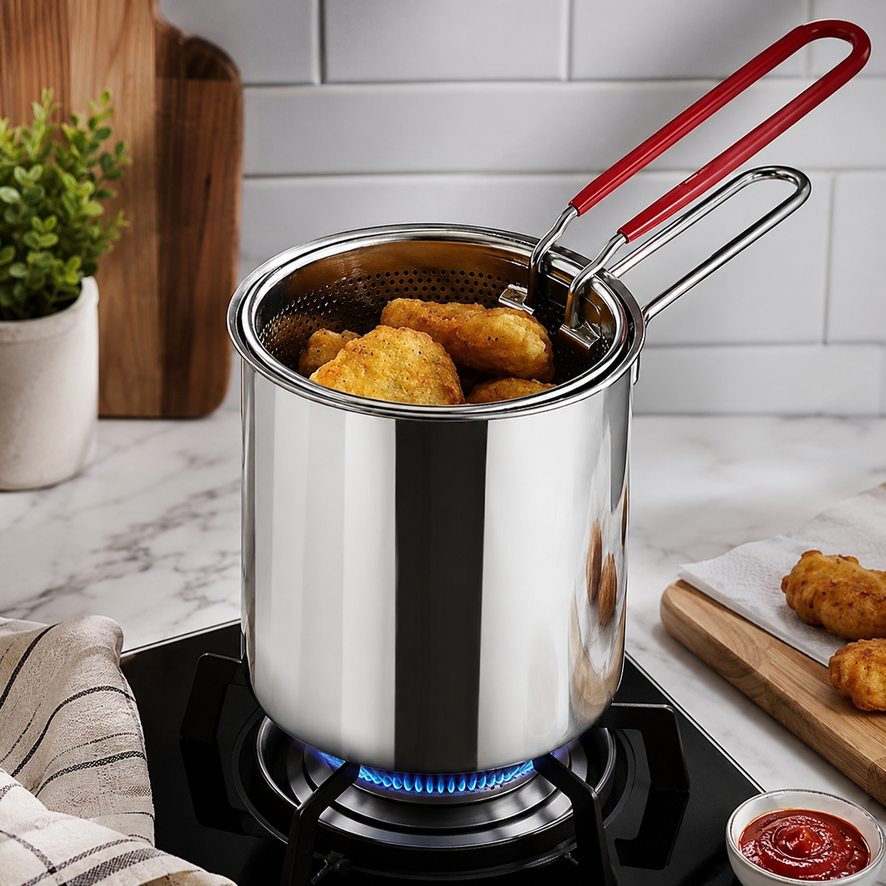 1.2L Stainless Steel Deep Frying Pot with Strainer Basket